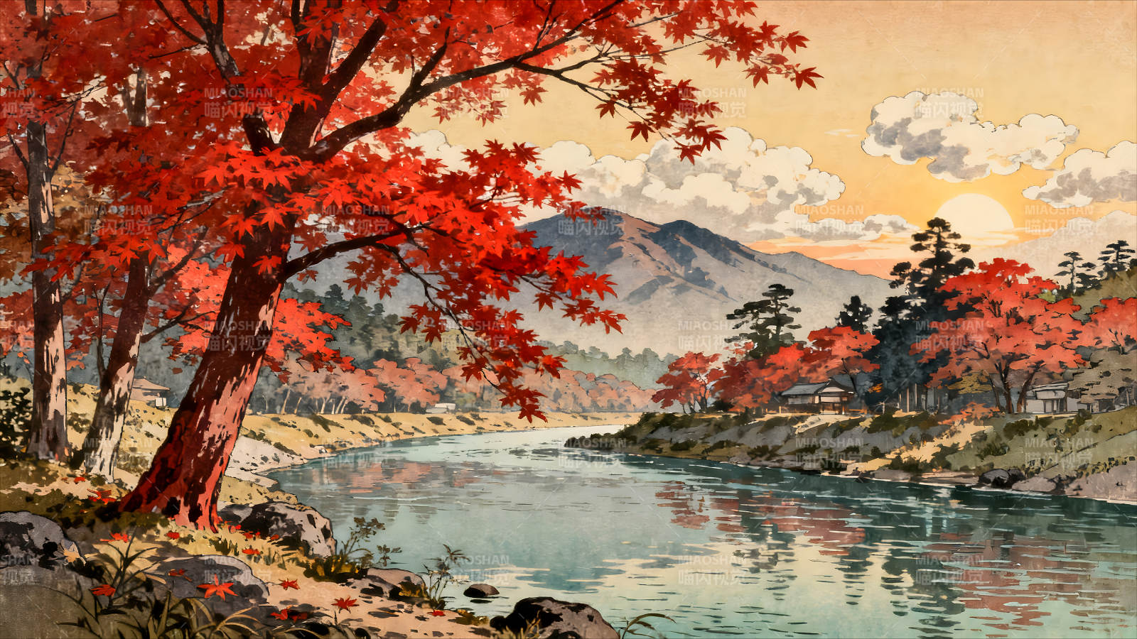 秋日红叶映衬下的山水画图片