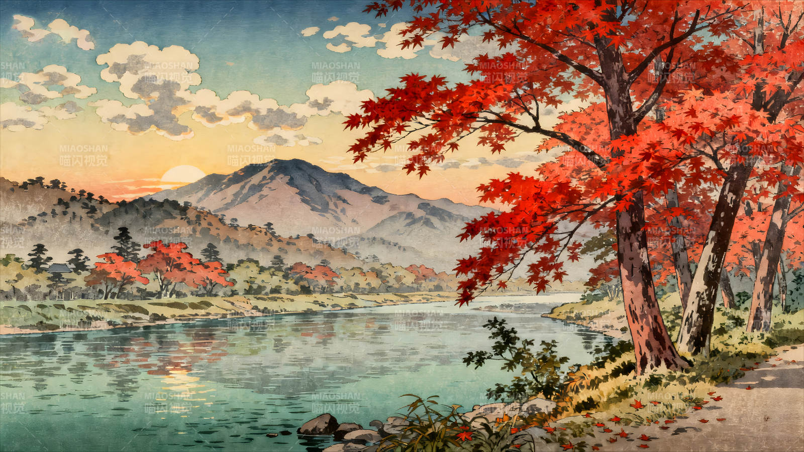 秋日枫叶河畔山水风景画图片