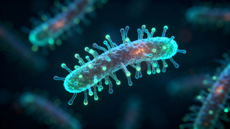 细菌细胞在深蓝色背景中的特写图片