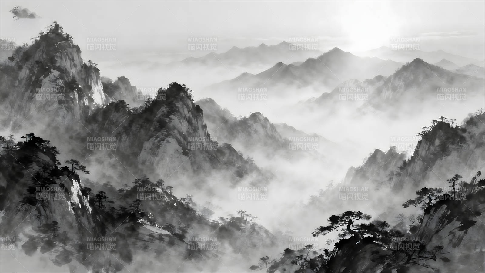 水墨山河云雾缭绕意境悠远图片