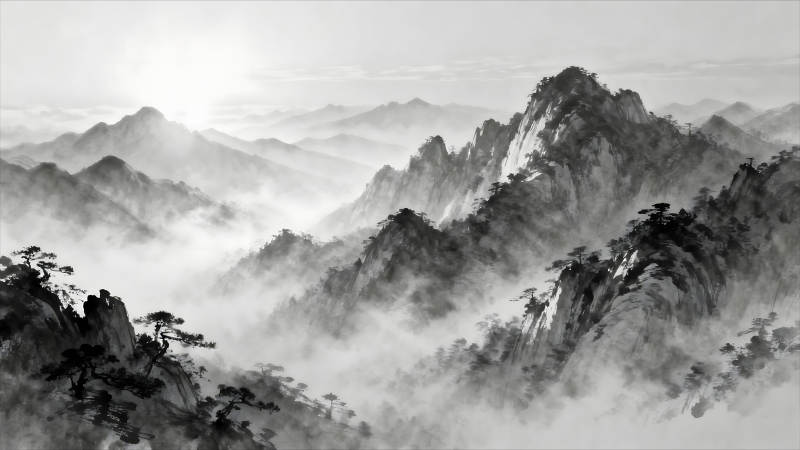 水墨山水画云雾缭绕仙境图片