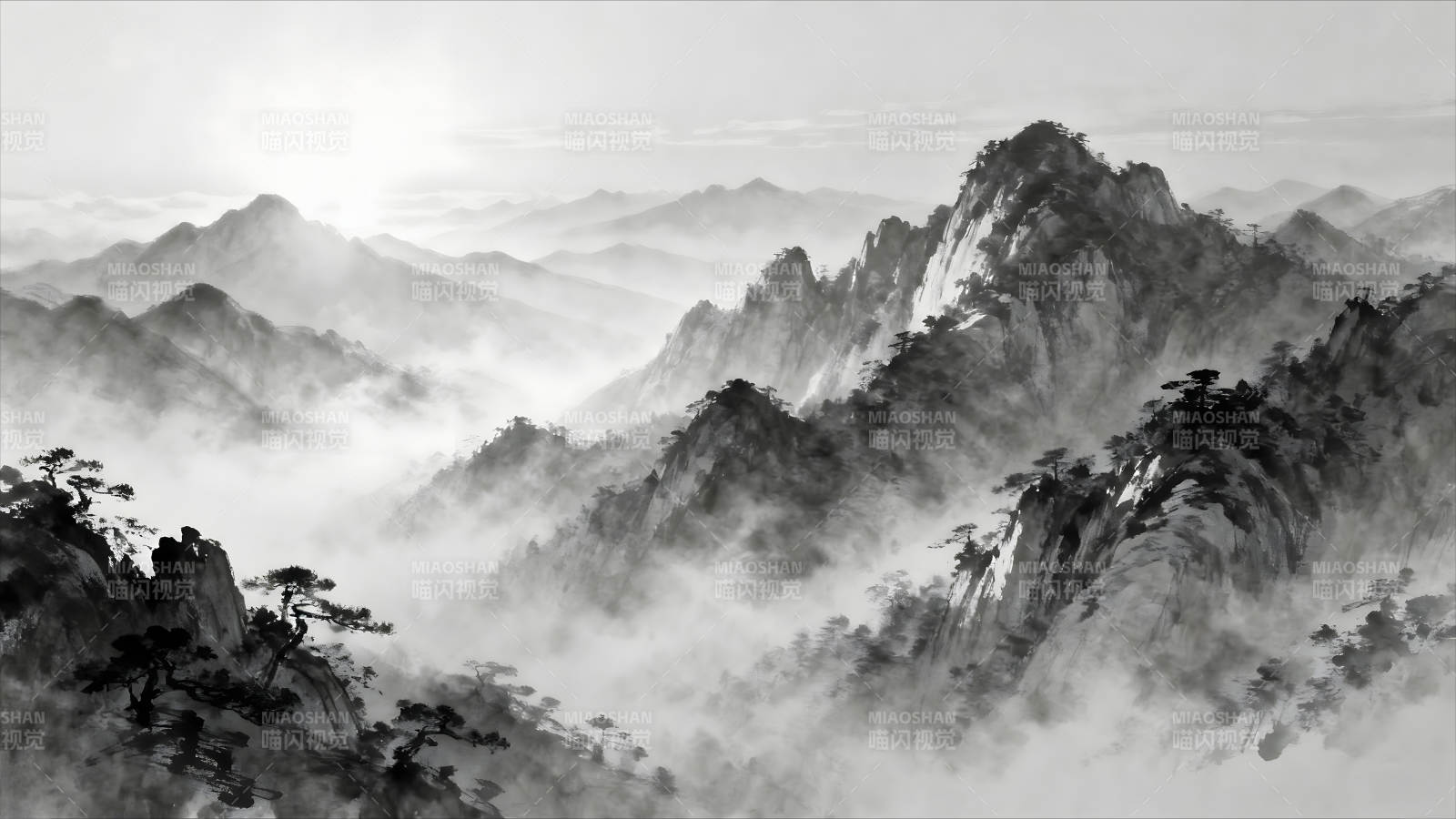 水墨山水画云雾缭绕仙境图片