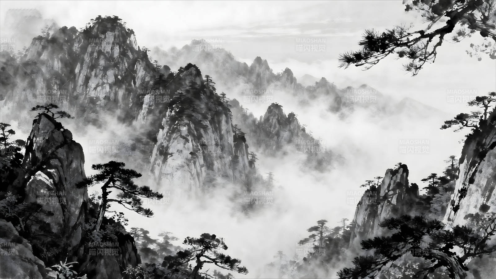 水墨山水画峰峦叠嶂云雾缭绕图片