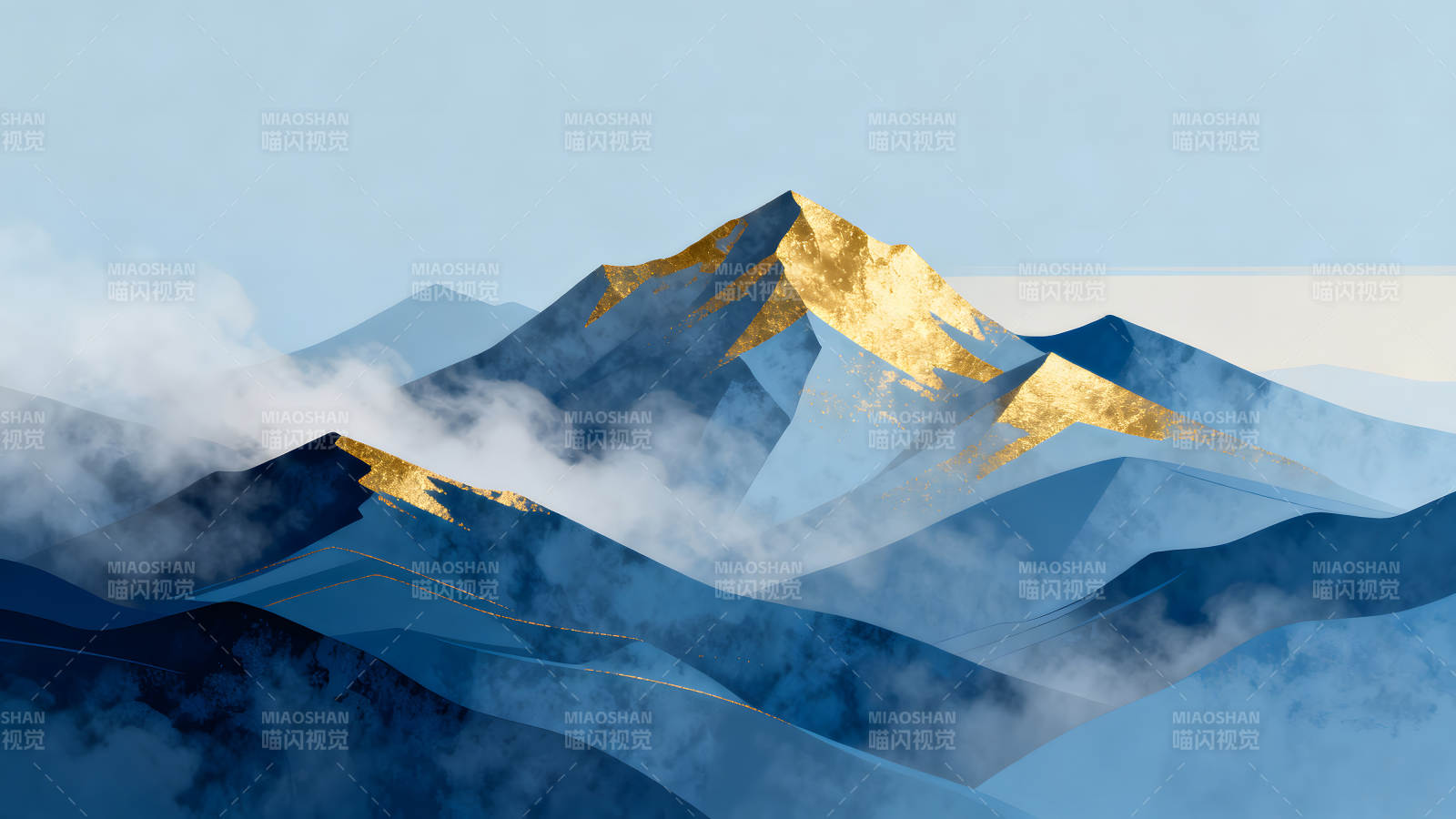 金色山峰蓝色山脉风景画图片