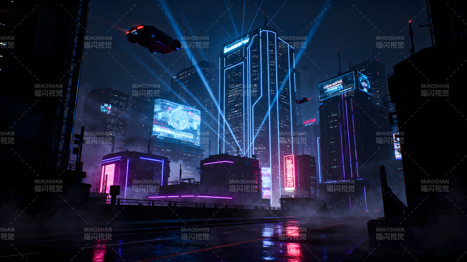 赛博朋克未来城市霓虹灯光下的场景图片