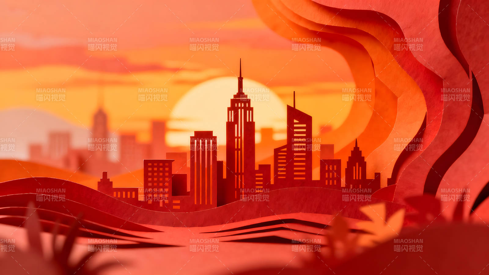 剪纸城市日落景象艺术作品图片