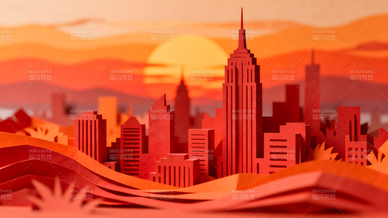 红色纸艺城市剪影在夕阳下图片