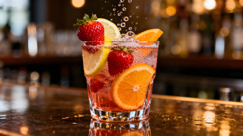 一杯水果鸡尾酒在酒吧桌子上图片