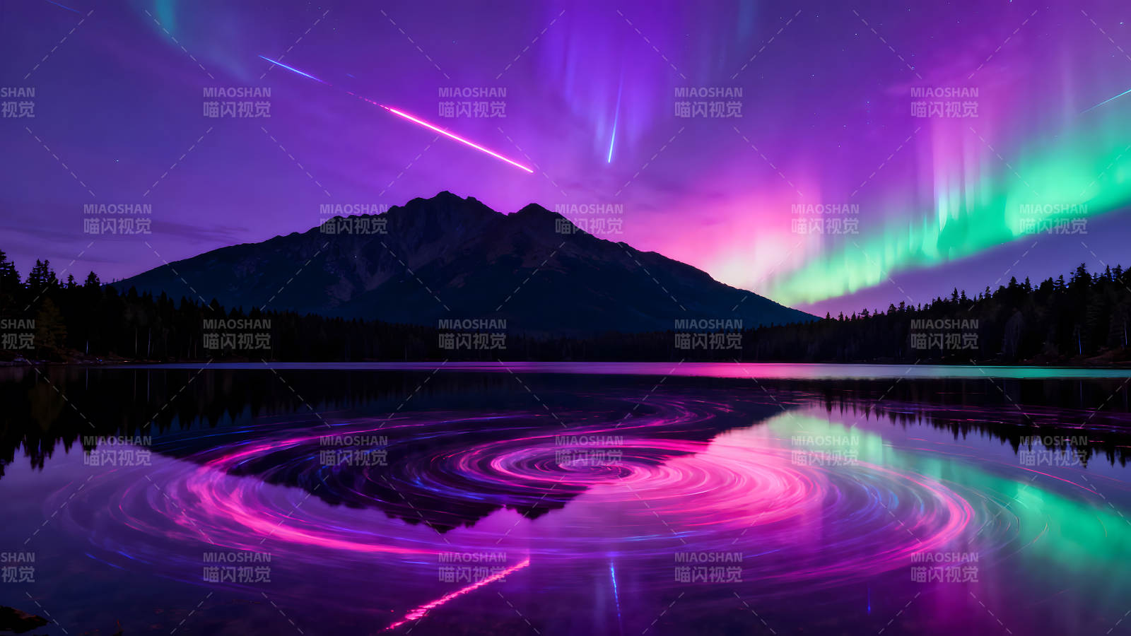 夜空奇景极光映湖流星划过水面图片