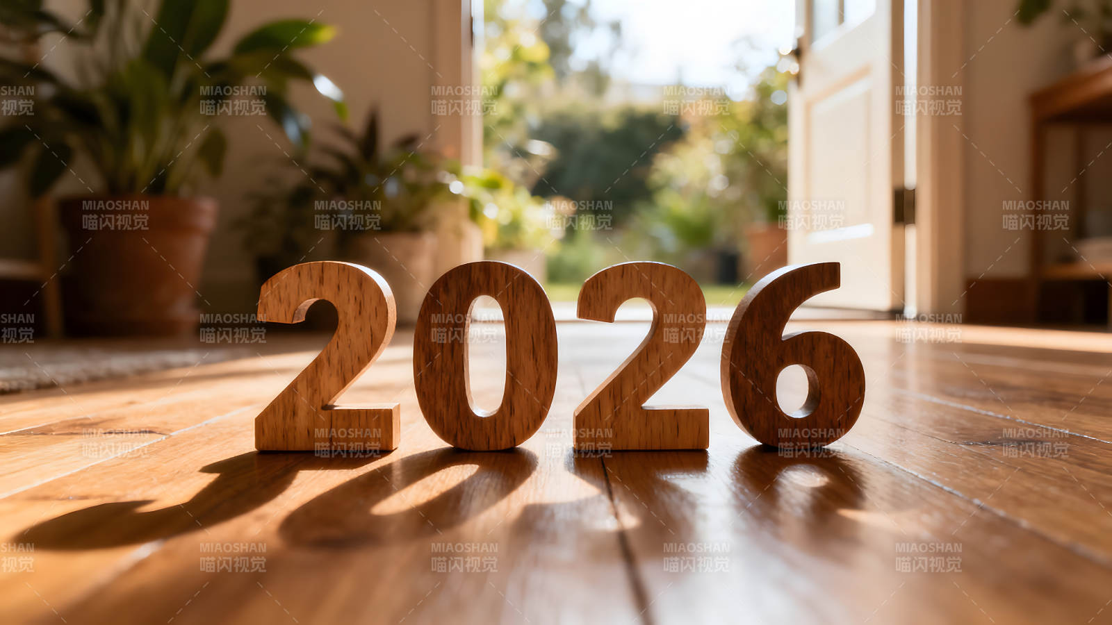 2026木质数字阳光照射地板门外风景图片