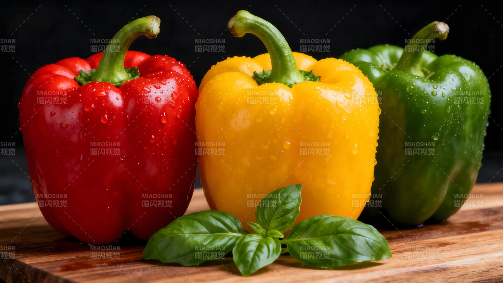 红黄绿彩椒组合新鲜特写图片