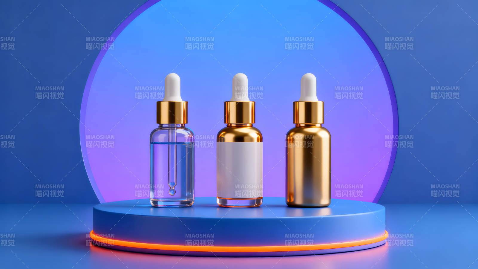 三种护肤品瓶子展示在蓝色背景图片