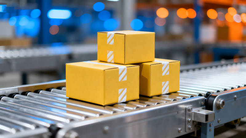 物流传送带上的黄色包裹图片