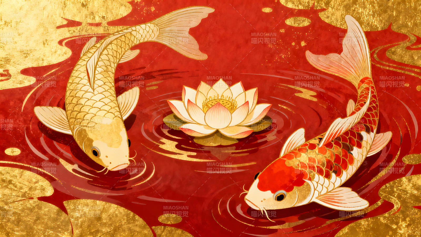 鲤鱼莲花水中游祥瑞美好图片