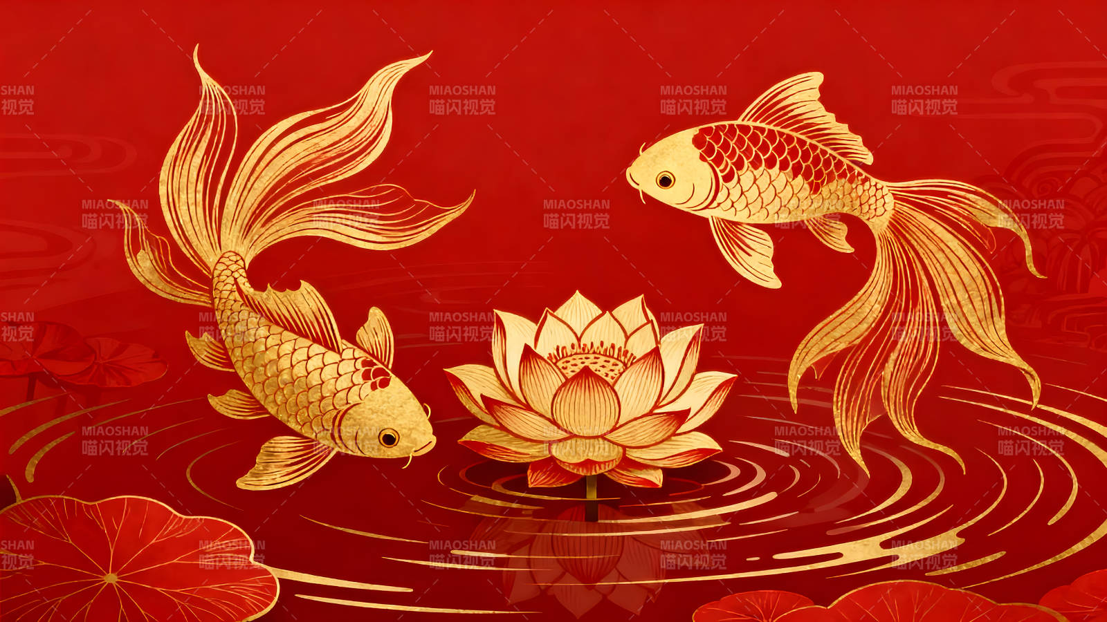 金鱼与莲花在红色水中优雅畅游图片