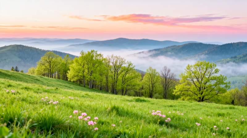 春山晨雾花海图片