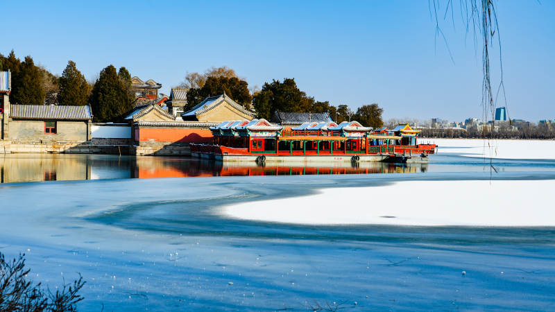 颐和园冬日湖畔古建筑图片