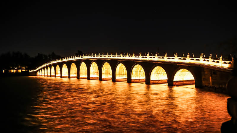 颐和园十七孔夜色映水光图片