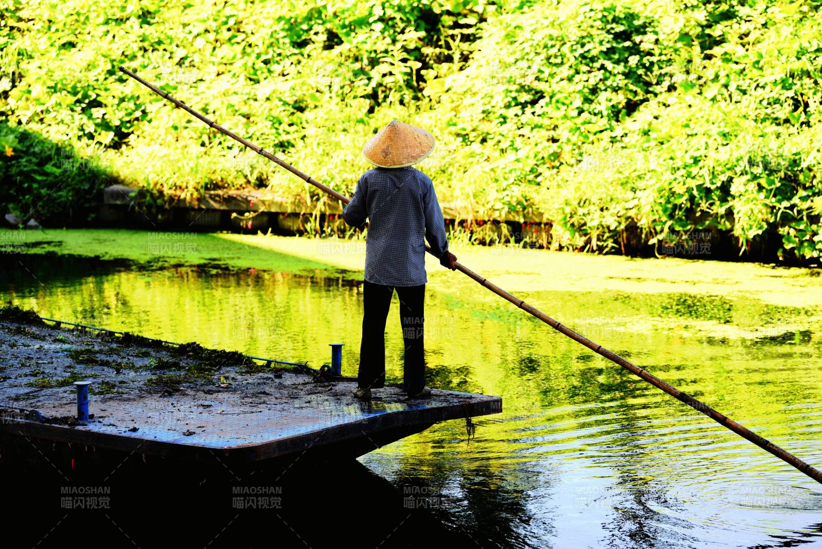 渔夫撑竿湖畔行图片