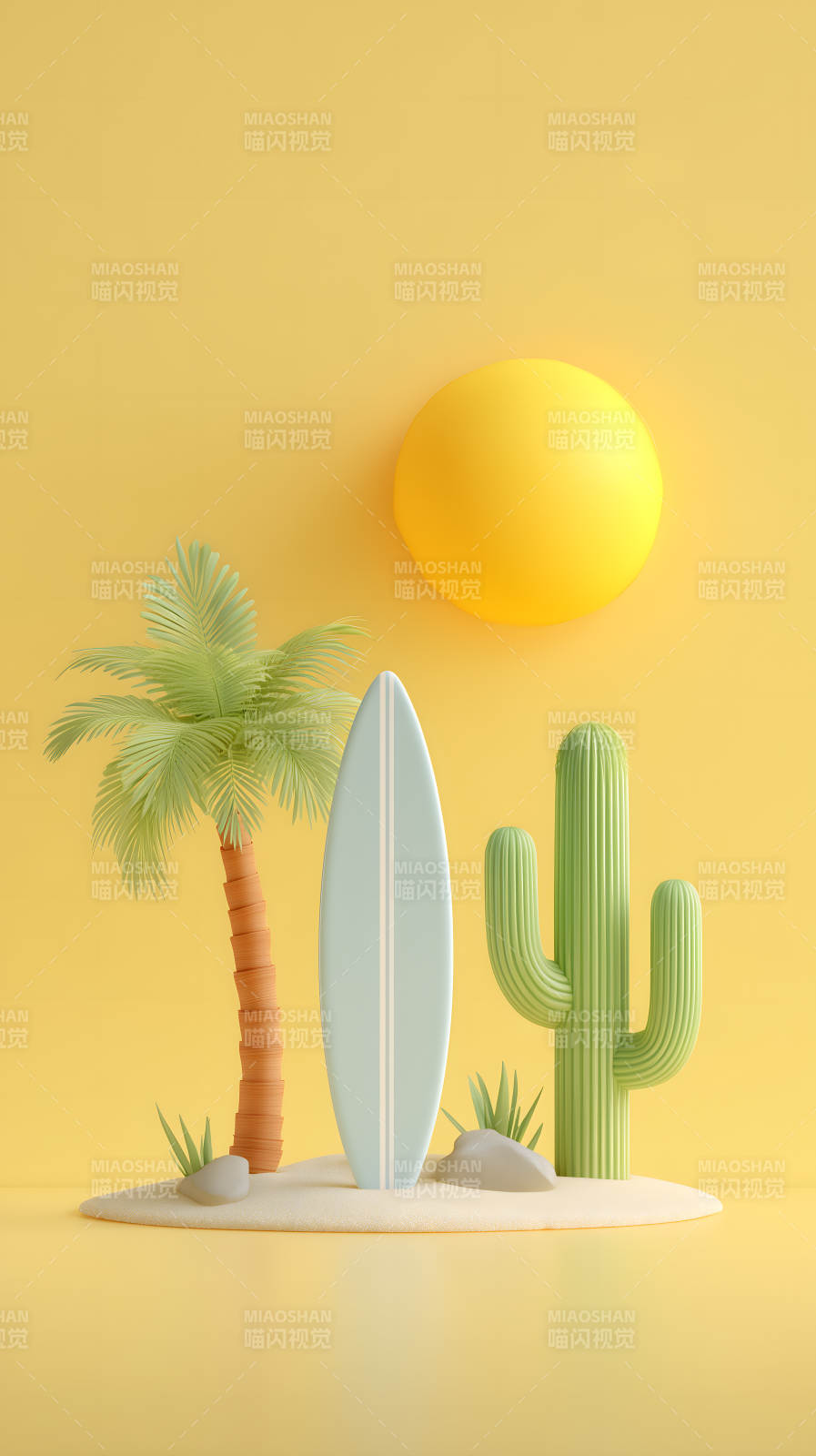 海滩风光冲浪板仙人掌椰子树图片