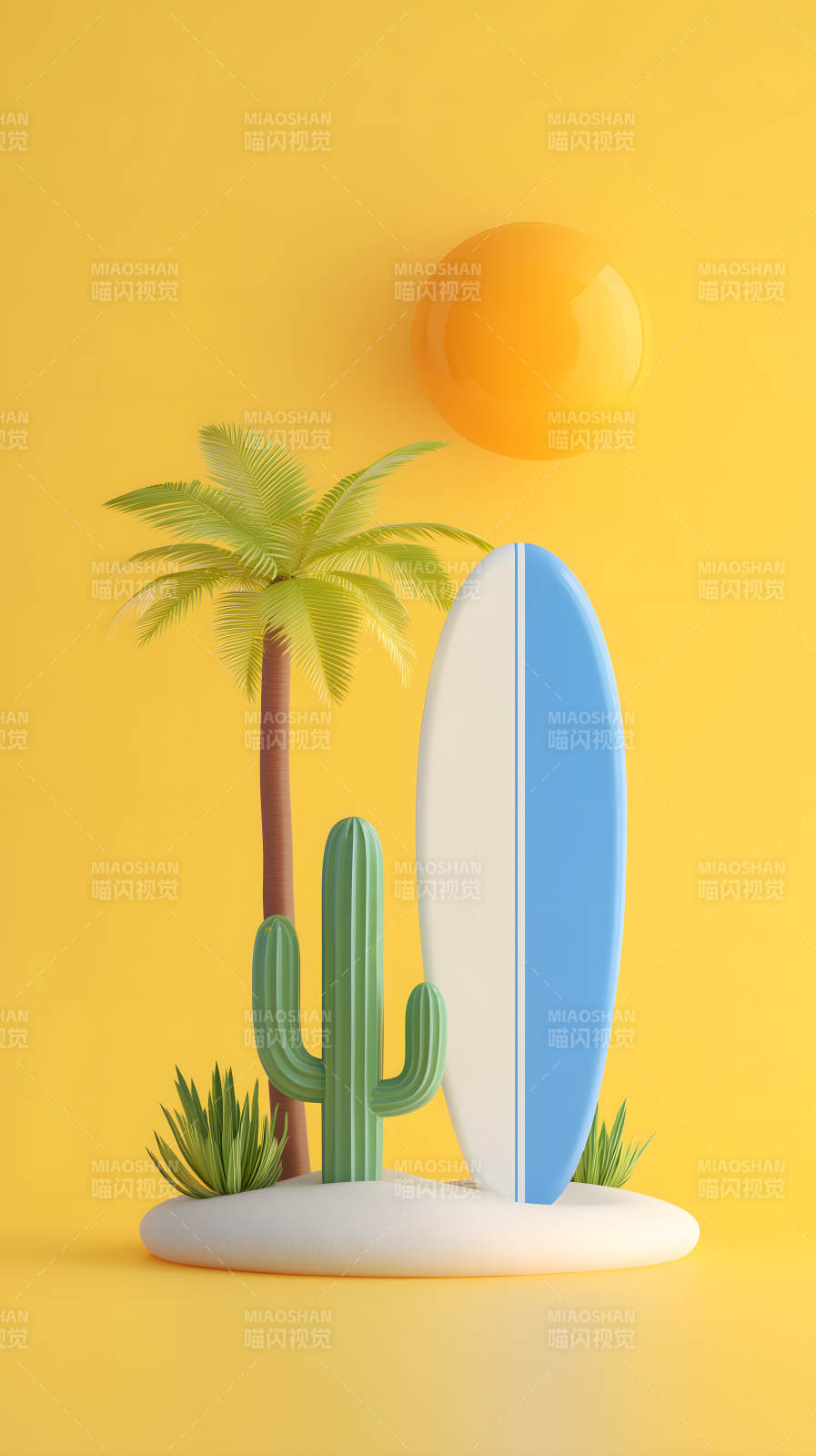 海滩风光冲浪板椰树仙人掌图片