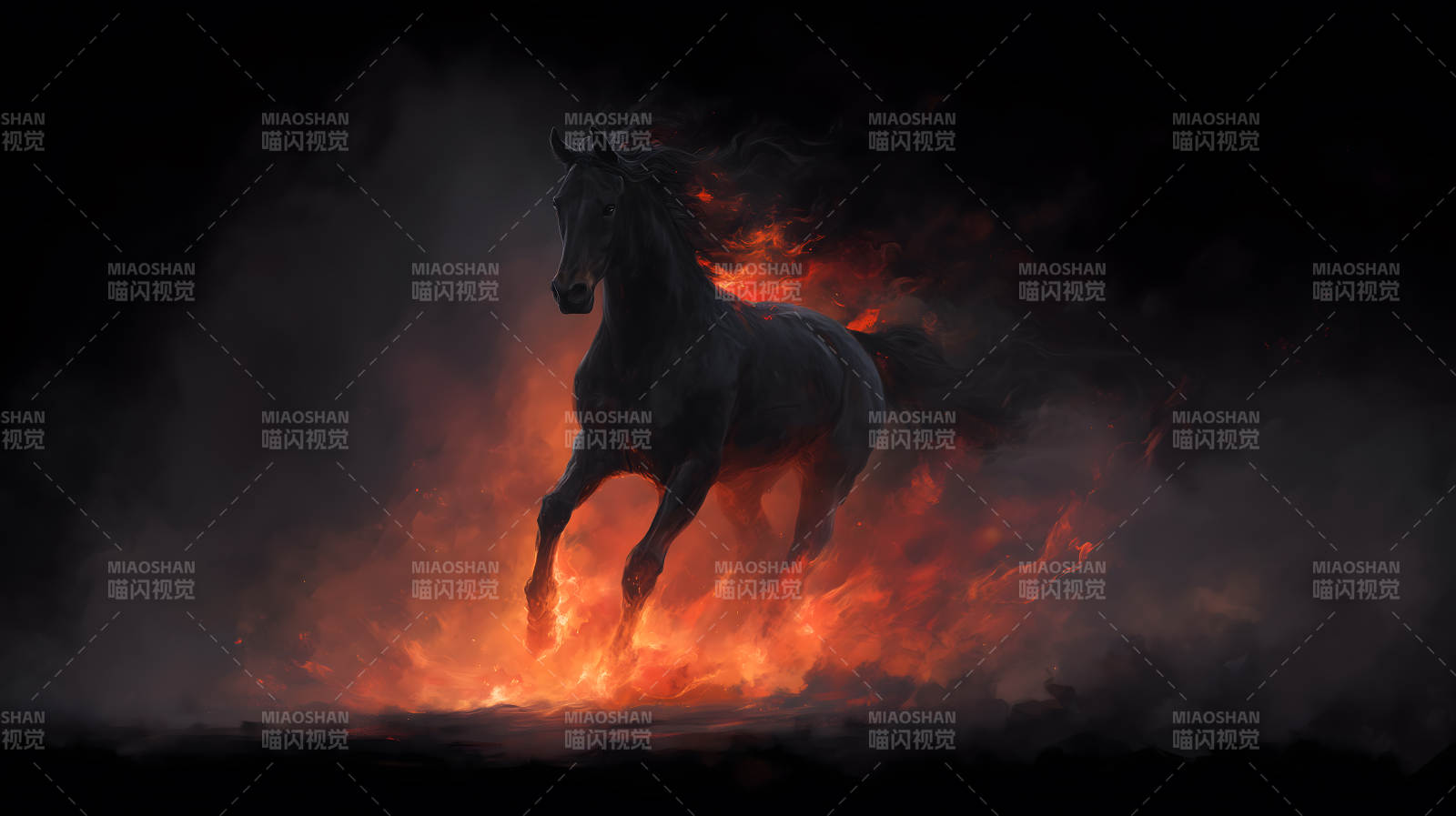 燃烧的黑马在火焰中奔跑图片