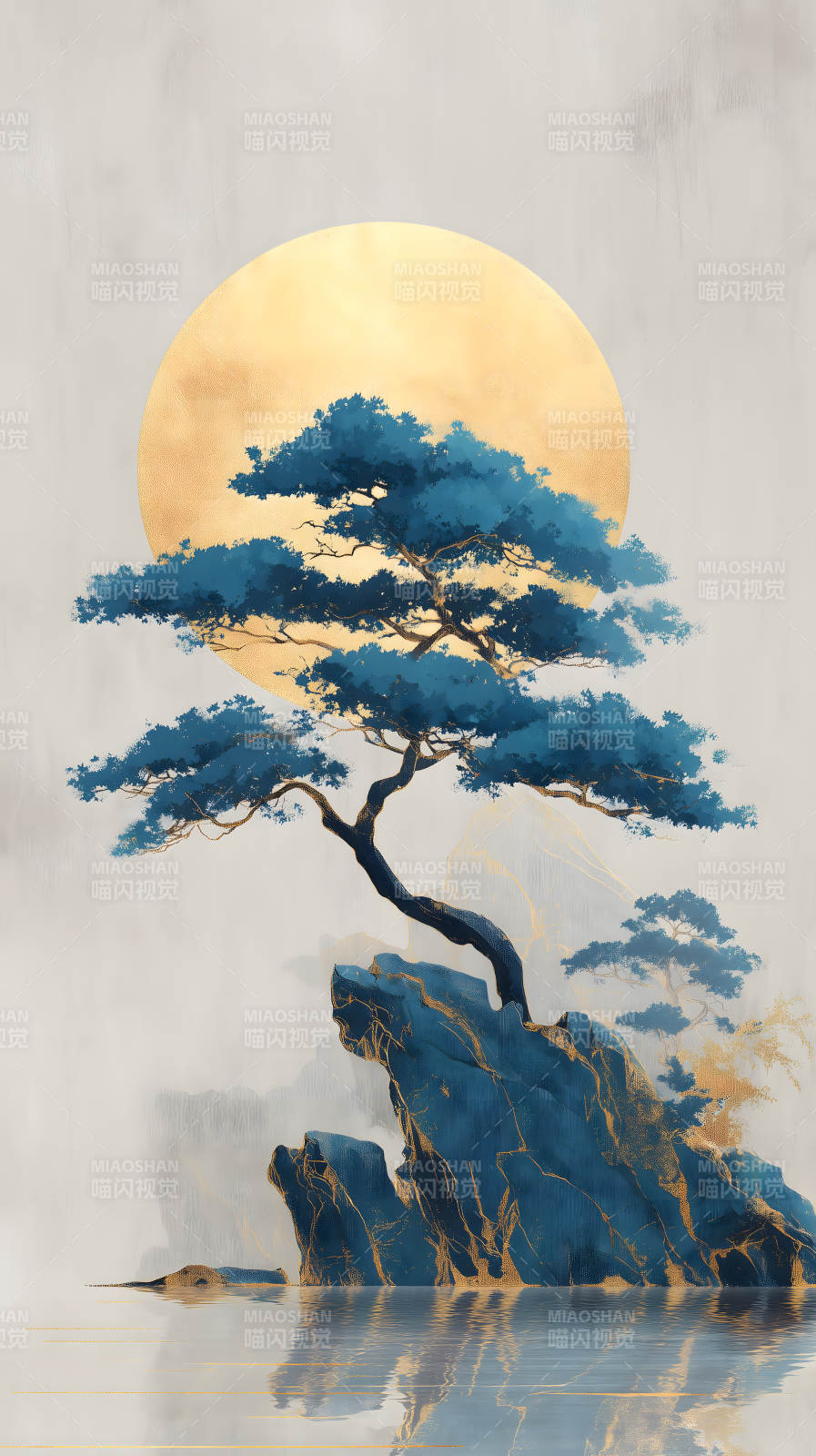 山水树木金色圆月唯美意境图片