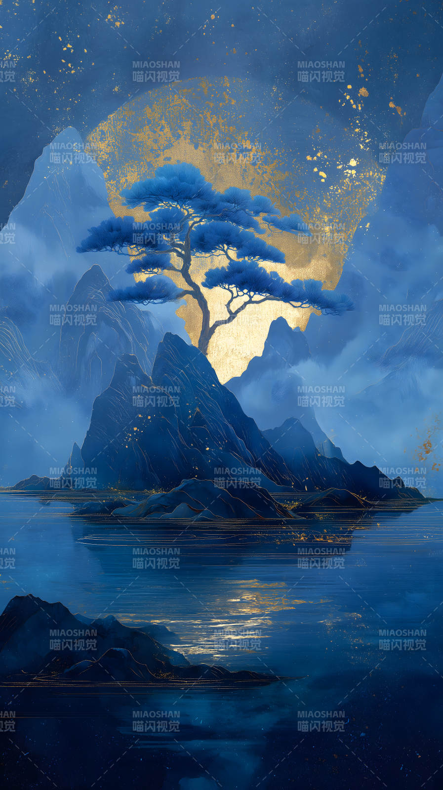 蓝松金辉山水画图片