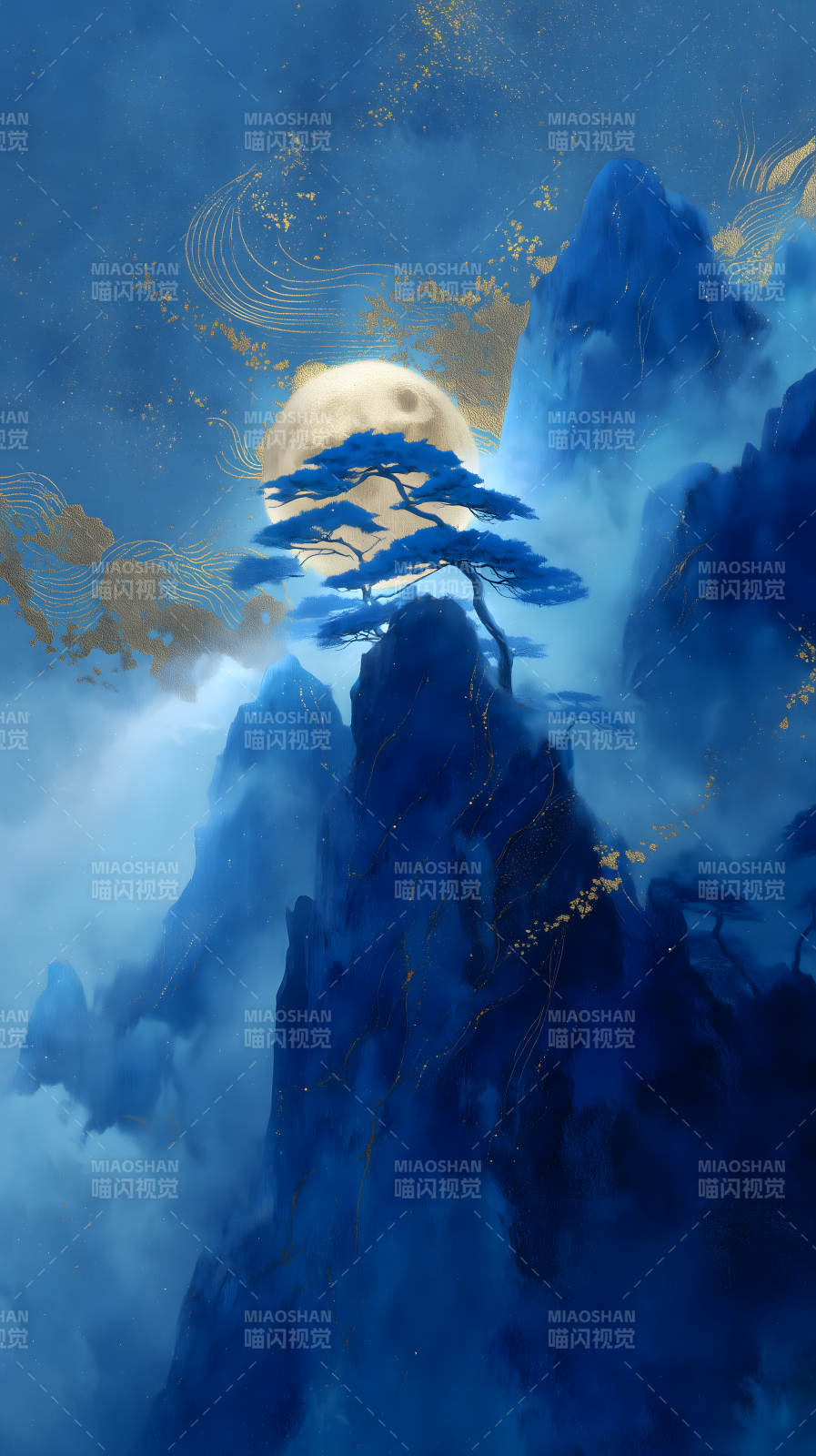山月树梢水墨风蓝调唯美意境图片