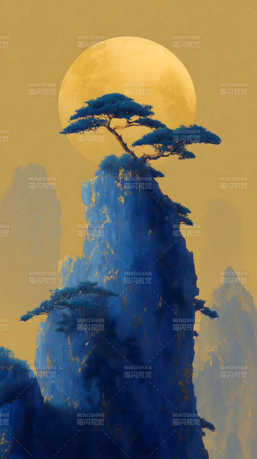 蓝山金月松树绘意境图片