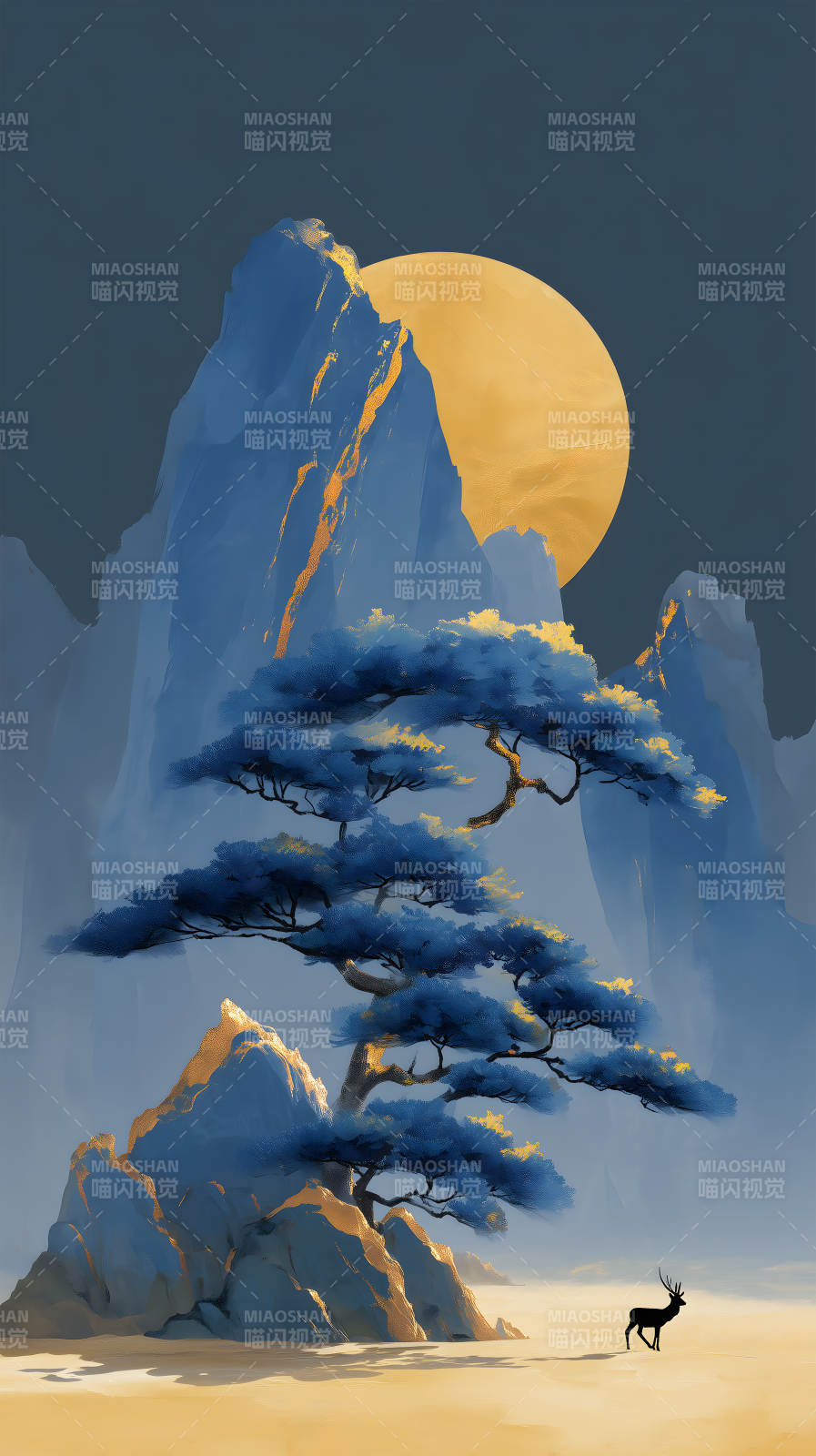 山月松鹿图唯美意境风景图片