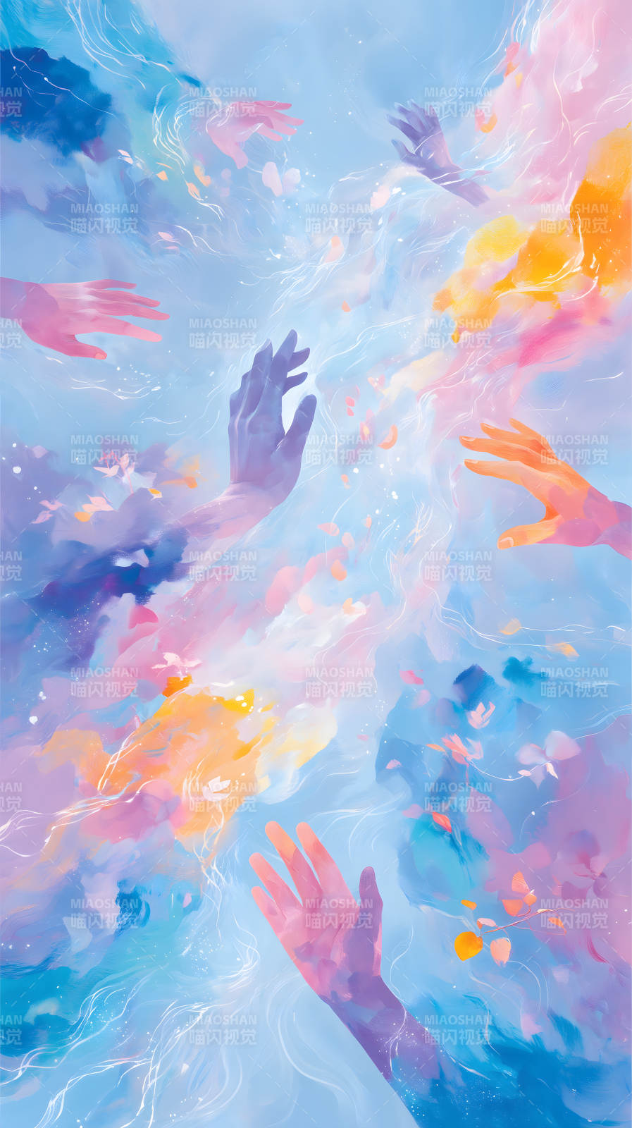 手在梦幻彩色云雾中伸展拥抱图片