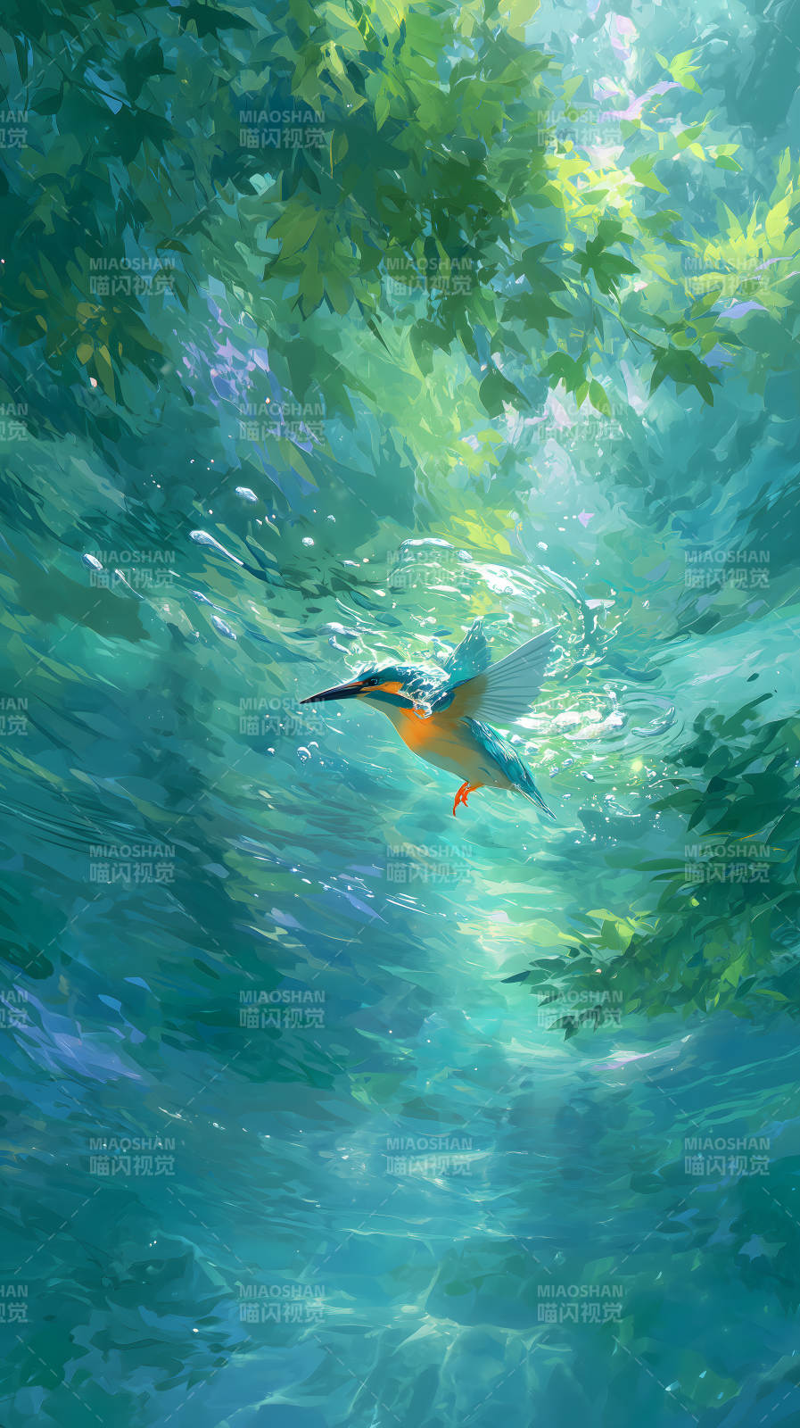 水中飞鸟唯美意境光影交错图片