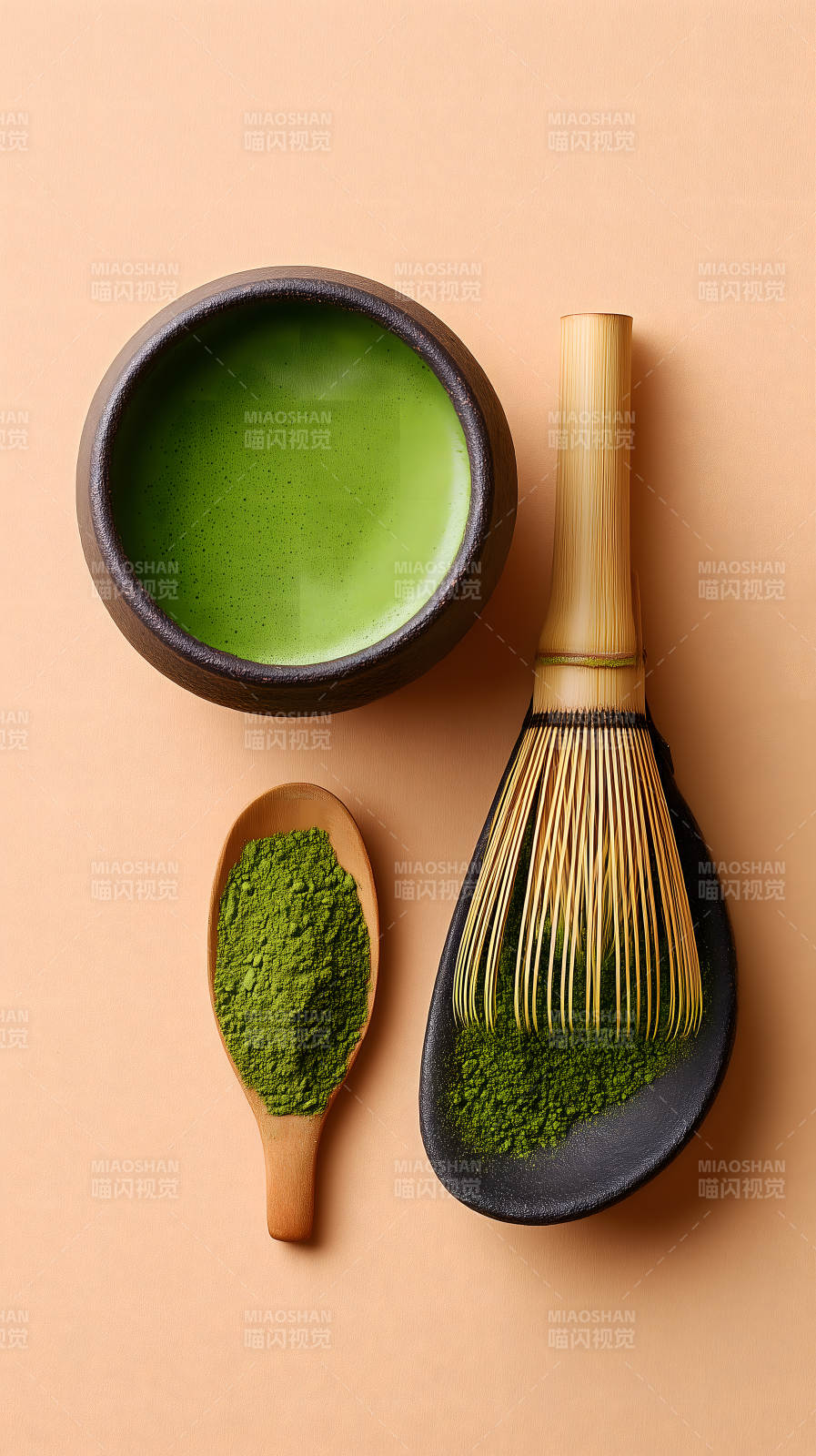 抹茶粉茶碗茶筅竹勺精致摆拍图片