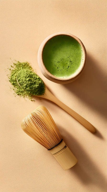 抹茶饮品与器具特写图片