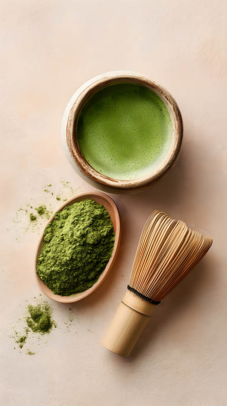 抹茶饮品与工具静物特写图片