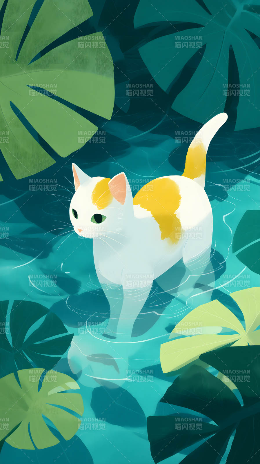猫咪水中漫步热带植物环绕图片