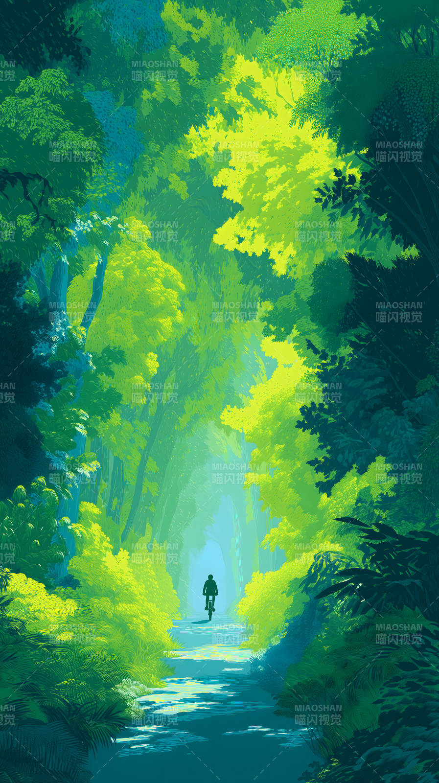 森林骑行绿色景象生机勃勃图片
