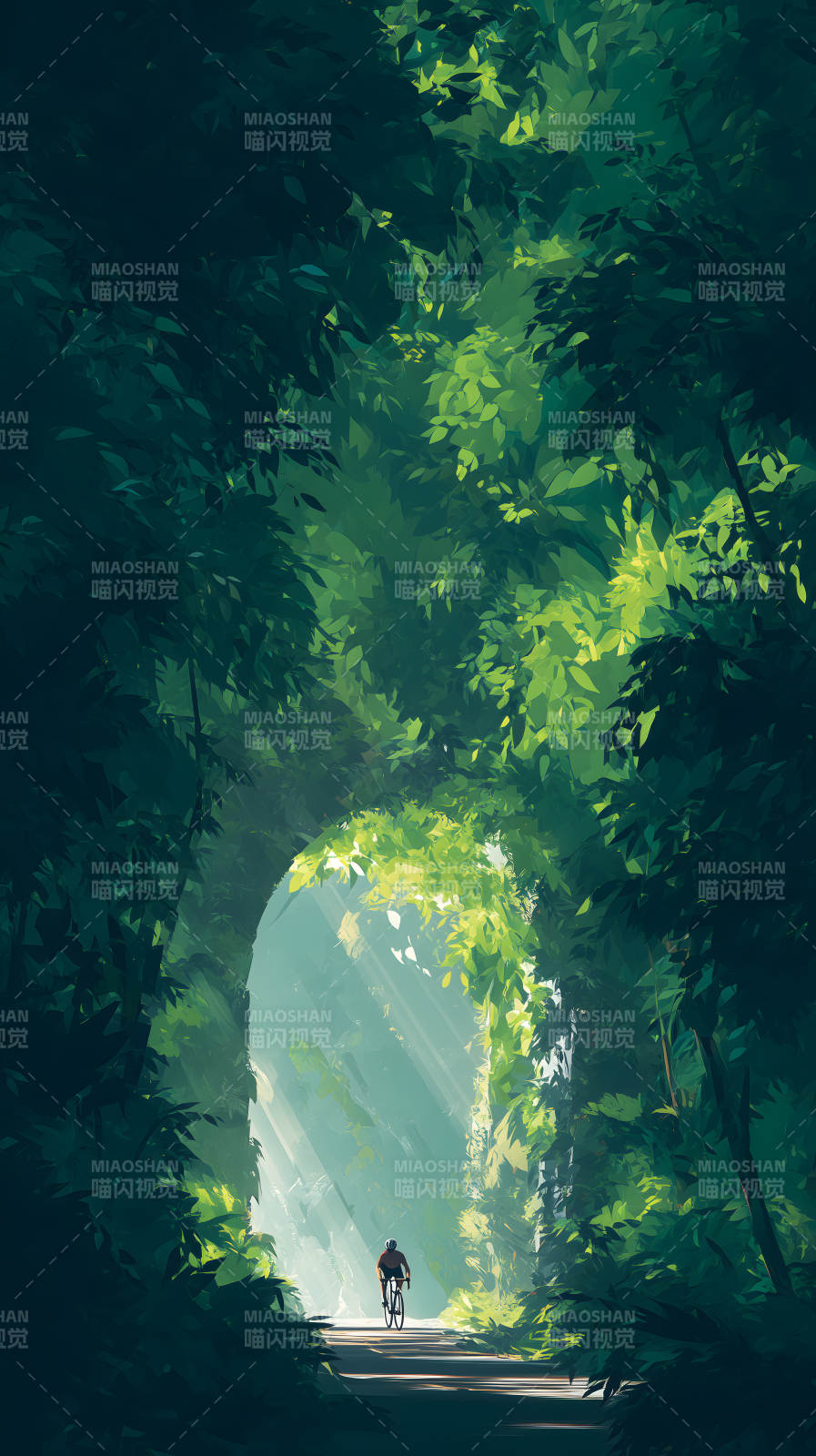 林荫道骑行风景画图片