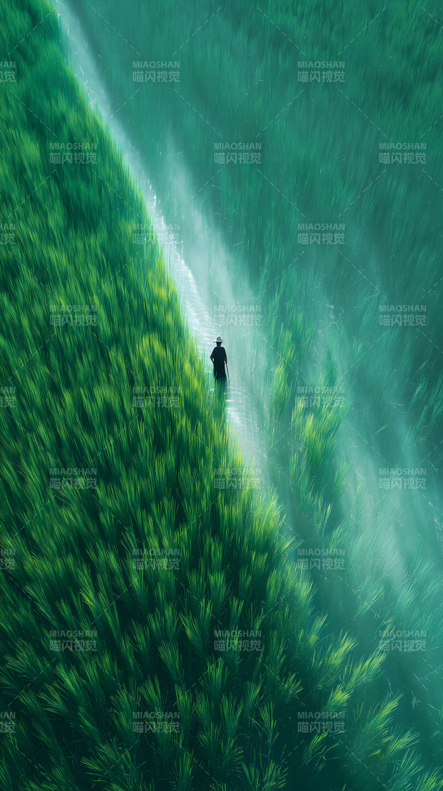 稻田中的农夫与绿色的水图片