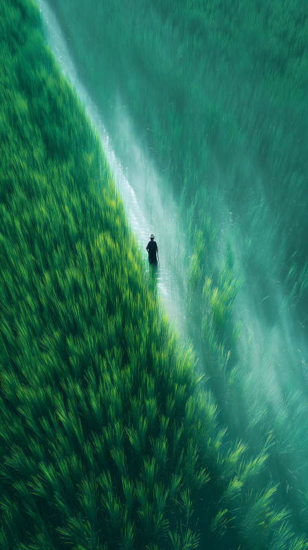 稻田中的农夫与绿色的水图片