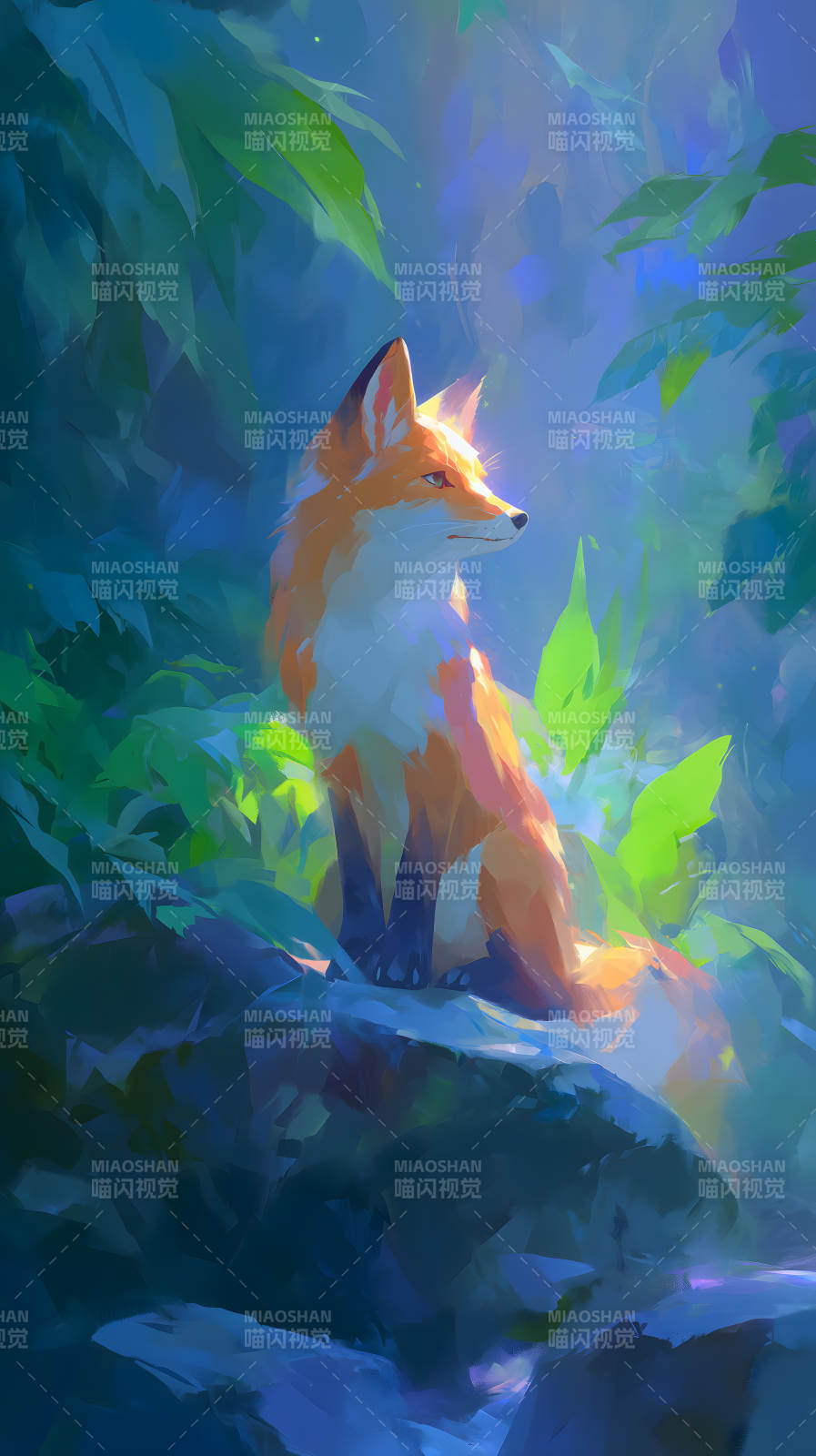 森林中坐着的狐狸凝视远方图片