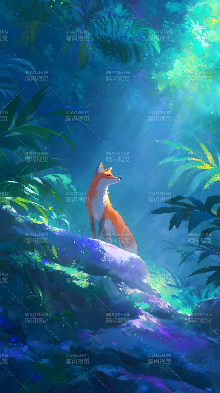 丛林中的狐狸光影交织的奇幻景象图片