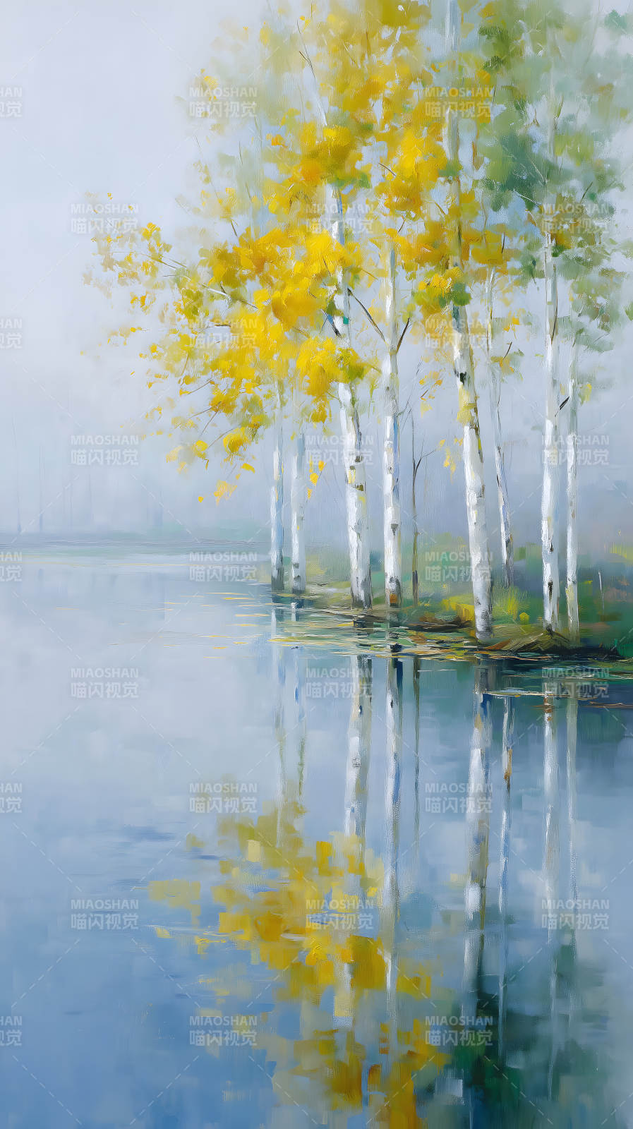 秋日白桦林倒影于水面图片
