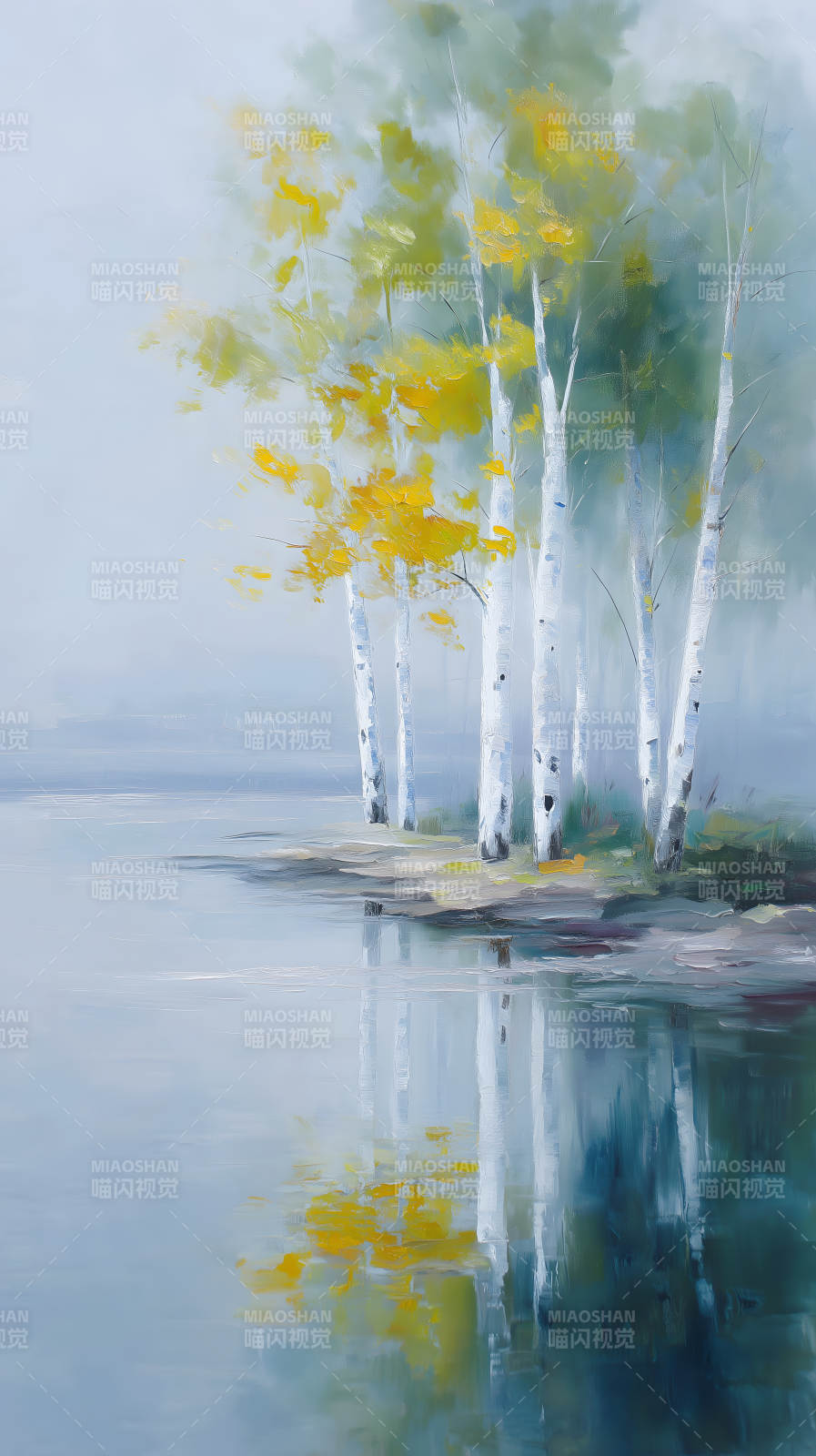 秋日湖畔白桦林油画图片
