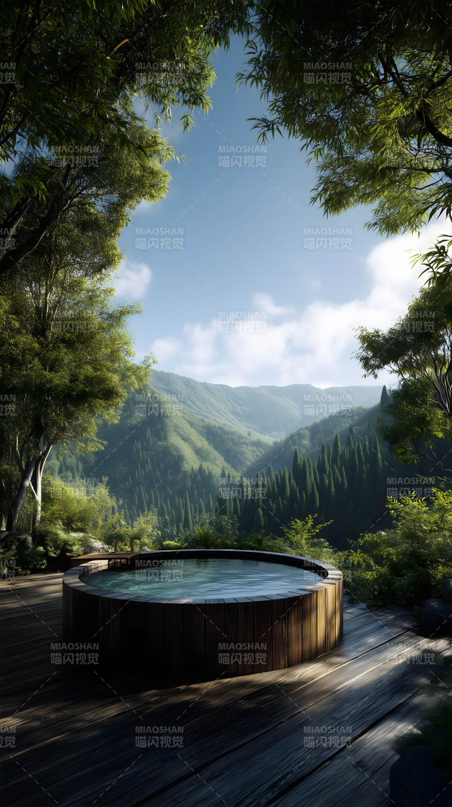 森林中的温泉池远山如画图片