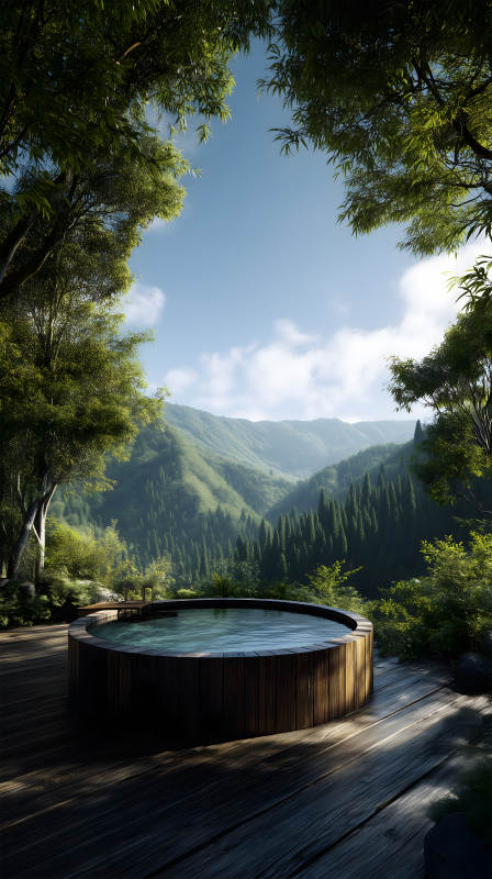 森林中的温泉池远山如画图片