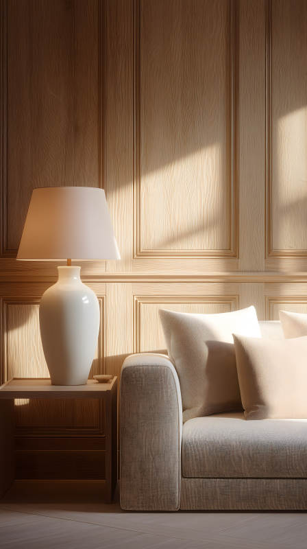 温馨室内光影沙发木质墙面图片