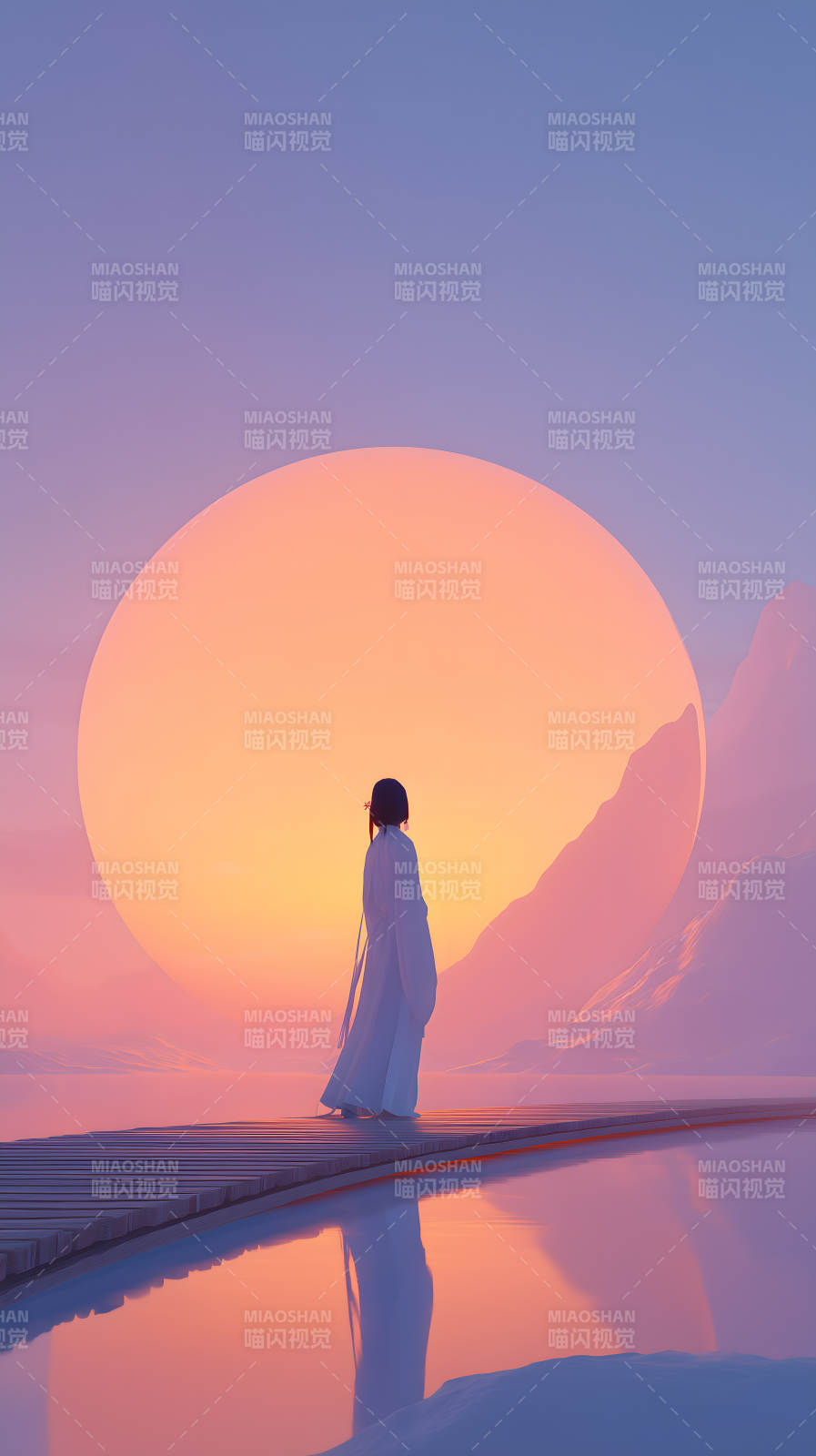 夕阳下的静谧女子与梦幻场景图片