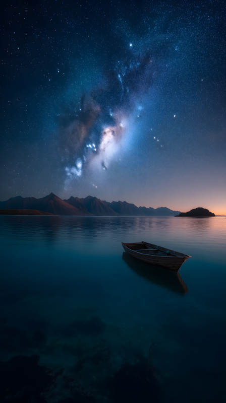 星空下的孤舟静谧湖面图片